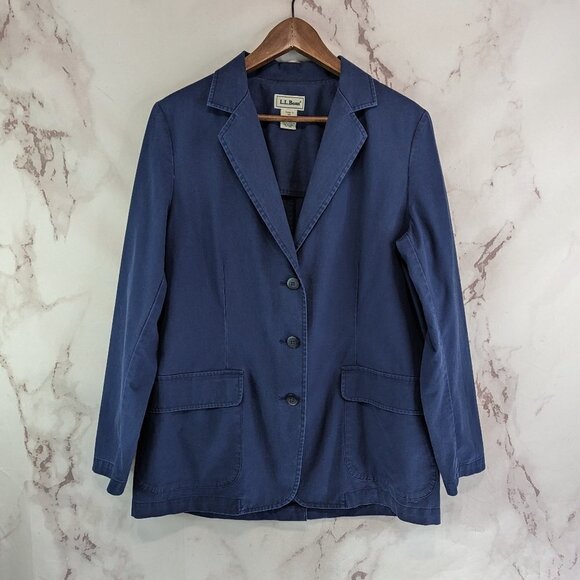 LL Bean Blazer Womens Large Blue Vintage Cotton 90s Jacket Chore Utility Safari - Picture 1 of 11
